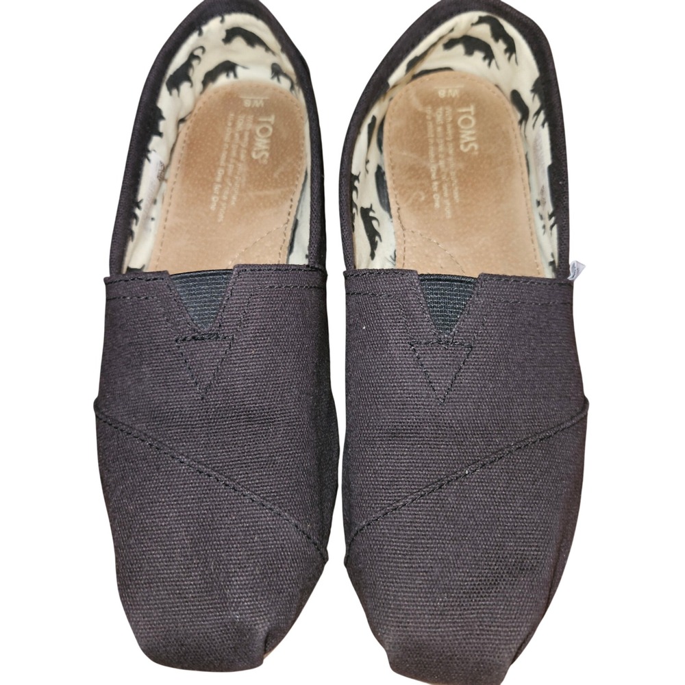 TOMS‎ Womens Black Canvas Alpargata Slip On Flats Shoes Elephant Print Lining 8